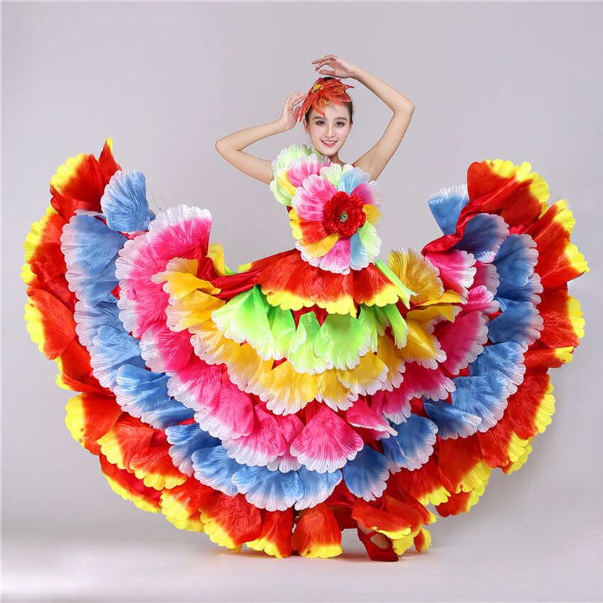 360 도/야드 플러스 사이즈 여성 스페인어 플라멩코 드레스, 꽃잎 맥시 집시 소녀 무대 공연 밸리 댄스 의상